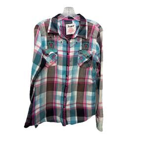 ROAR Western Shirt Women L Plaid Embroidered Rhinestone Snap Roll Tab